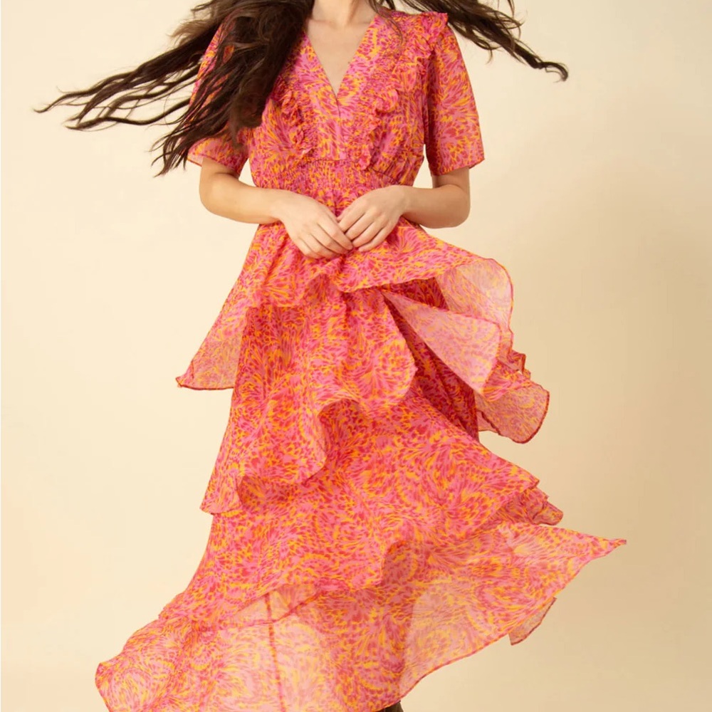 Hale Bob Pink High Low Ruffled Dress - Laylee Tiered Chiffon Dress